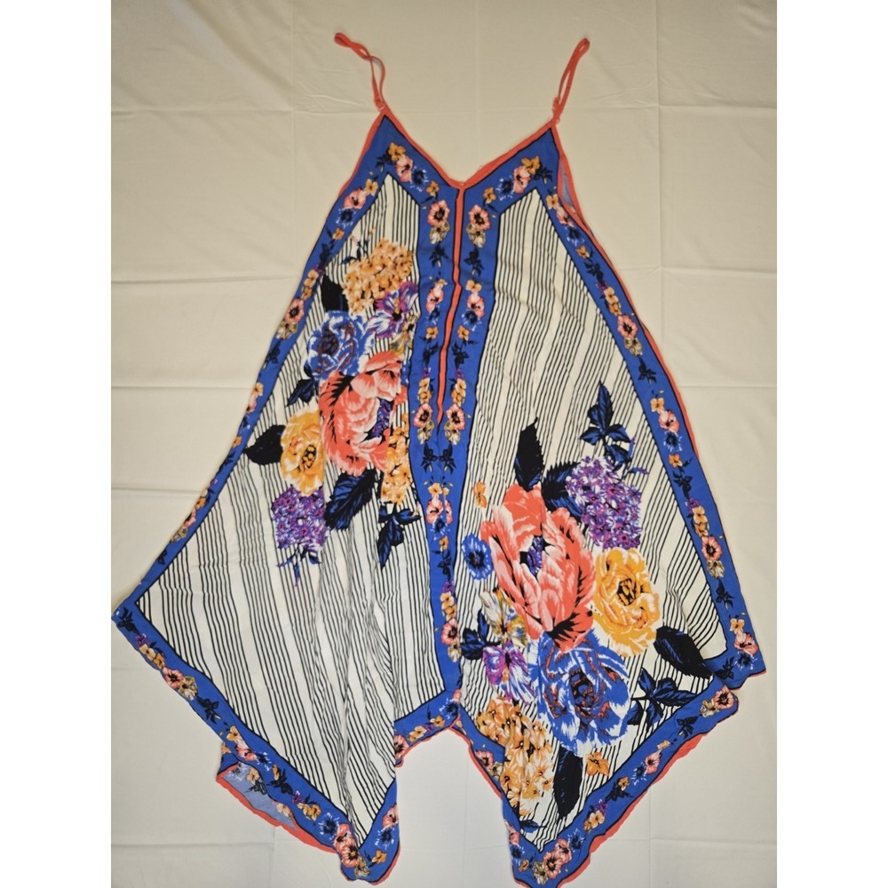 Flying Tomato Blue Floral Stripe Handkerchief Hem Dress with Coral Trim
